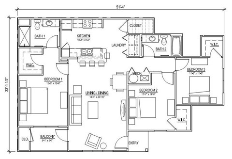 A floor plan of a house with dimensions and room labels.